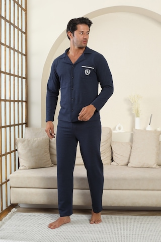 Flk 7000 Boydan Düğmeli Kışlık İki İplik Kalın Kumaş Erkek Ev Pijama Takımı Lacivert