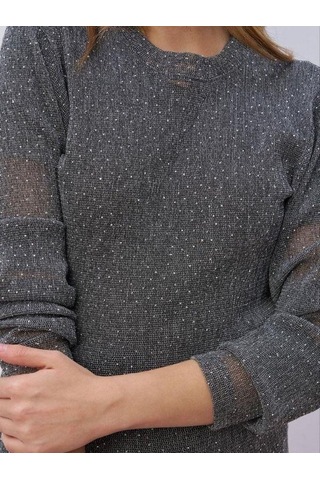 Kız Çocuk Örme File Taşlı Bluz-16447 Füme