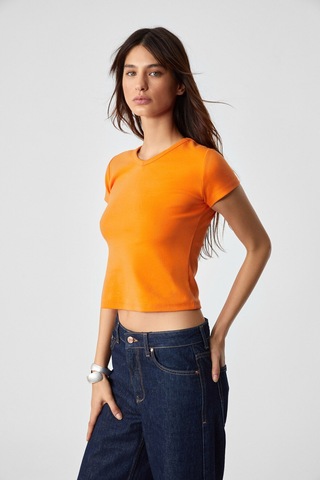 Ethıquet MASROUTI Kadın Slim Kısa V Yaka Kısa Kol Turuncu T-Shirt