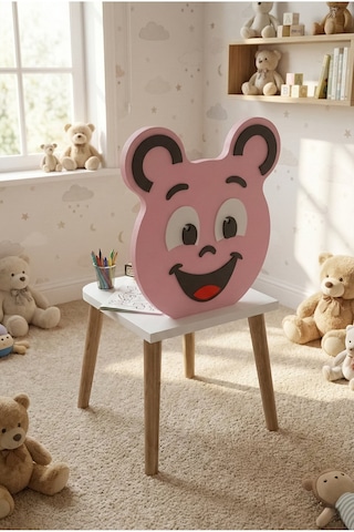 Reyo Falez Happy Face Çocuk Sandalyesi, Ahşap Ayaklı, Sevimli Figürlü Pembe