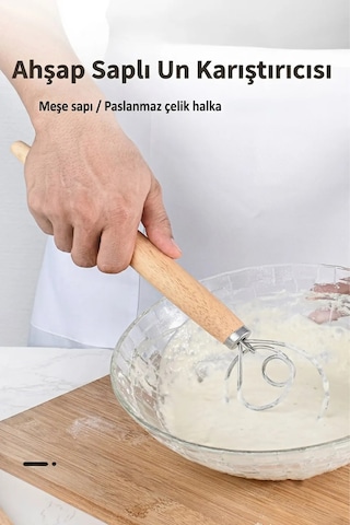 Danimarka Tipi Hamur Çırpıcı - Ahşap Saplı Paslanmaz Çelik Un & Ekşi Maya Karıştırma
