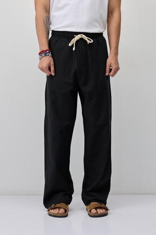 Vamos Bağcıklı Baggy Fit Keten Pantolon Siyah