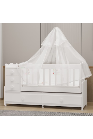 Garaj Home Melina Mdf Çıtalı Beşik + Yatak + Uyku Seti - Beyaz Beyaz