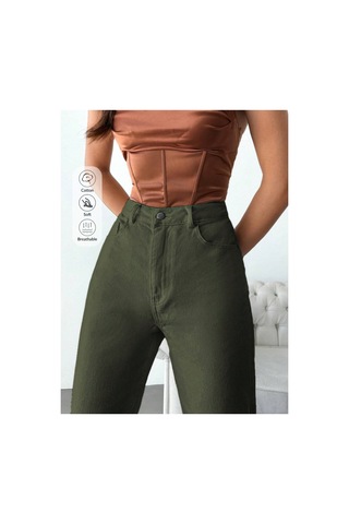 Kene Jeans Yüksek Bel Haki Keten Mom Pantolon Haki