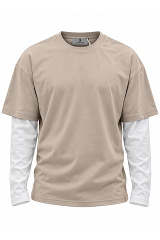 Coalcity Coal City Erkek Ekru Oversize Çift Renkli Uzun Kollu T-shirt Bej - Beyaz