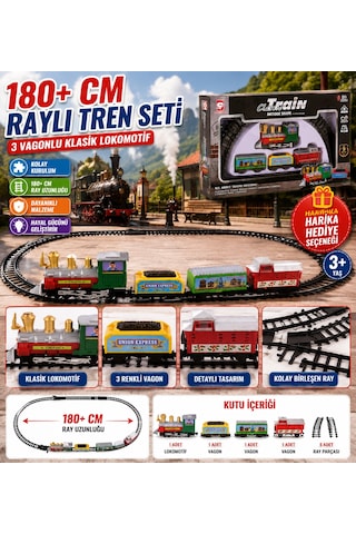 180 Cm Raylı Oyuncak Tren Seti 3 Vagonlu Klasik Lokomotif 9 Parça Demiryolu Oyun Seti