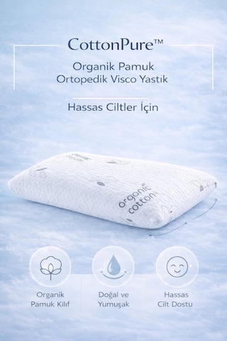 Cottonpure Organik Pamuk Ortopedik Visco Yastık 60x40x13 Cm Hassas Ciltler İçin Beyaz
