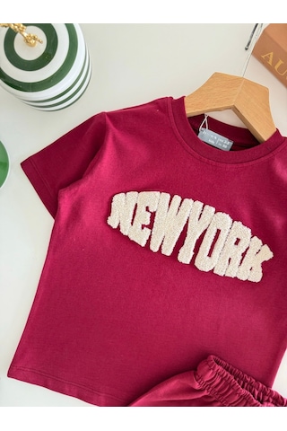 Magu Çocuk Pamuklu Bordo New York Yazı Aplikeli T-shirt Şort Takım