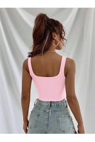 Askılı Fitilli Crop Top Bluz - Pembe Pembe