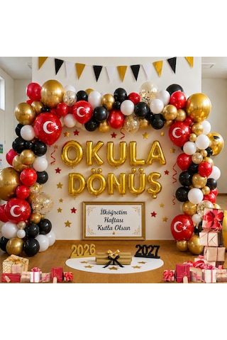 İlköğretim Haftası Konulu Okula Dönüş Gold Folyo Harfler Beyaz Kırmızı Siyah Gold Balonlar Okul Sınıf Pano Süsleme Çok Renkli