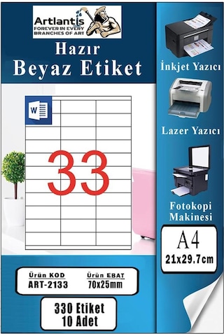 A4 Hazır Etiket 70x25 Mm 10 Sayfa 1 Paket 33 Lü Kendinden Yapışkanlı Fotokopi Lazer İnkjet Kağıdı Yazıcılar İçin Uyumlu