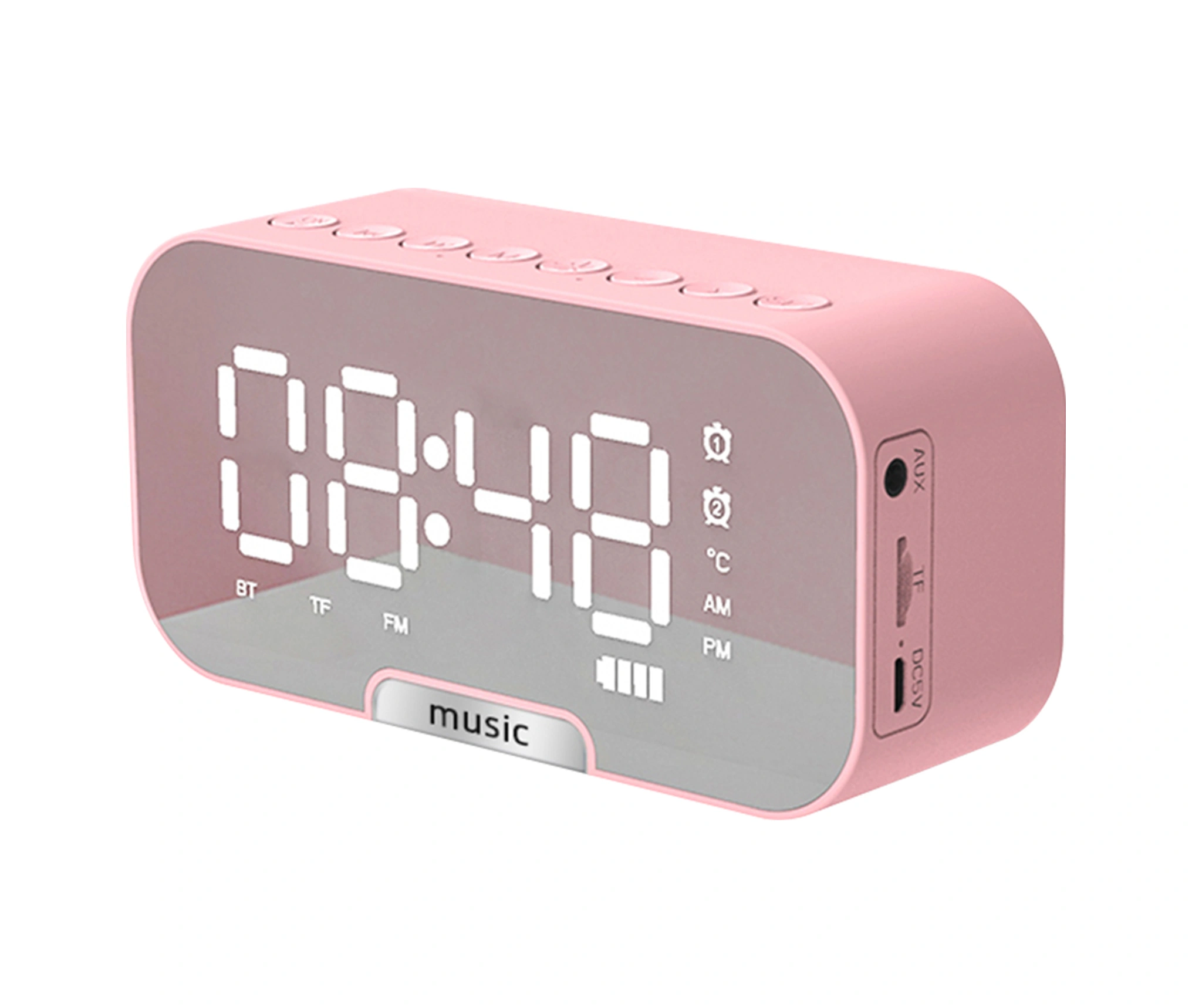 Dofolink Q5 Müzik Çalar Fm Radyo Bluetooth Hoparlör, Saat Ve Telefon Tutucu İle Sıcaklık Göstergeli 5'li İşlevli Led Alarm Saati, Dışarıda Kullanıma Uygun, Pembe Batarya Dahil