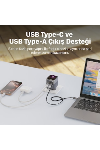 Xenon Smart Hızlı Şarj Adaptörü 70w, Gan, Usb-c & Usb-a, Dahili Type-c Kablo, Pd Pps, Dijital Ekran X6413