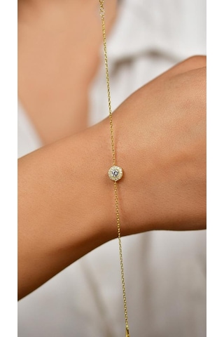 Roza Silver Zirkon Taşlı Gold Tektaş Anturaj Minimal Gümüş Bileklik