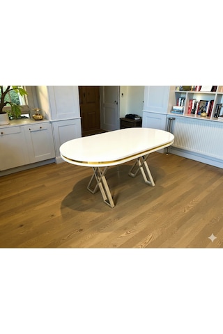 Msy Home Beyaz Gold Detaylı Lake Panel 90 170 Cm Oval Masa Beyaz