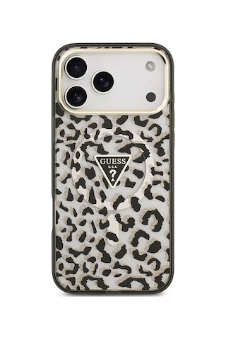 Apple iPhone Uyumlu 18 Pro Max Kılıf Guess Lisanslı M-safeli Üçgen Logolu Simli Leopar Desenli Kapak Siyah