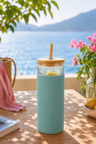 Bambu Pipetli Cam Bardak 550 Ml Silikon Kılıflı Kahve Bubble Tea Ve Su Şişesi - Yeşil