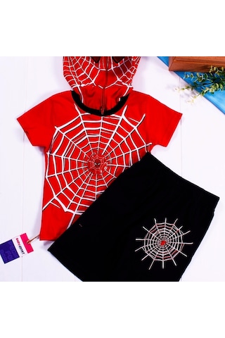 1-2-3 Yaş Örümcek Adam Kapişonlu Erkek Çocuk Takımı Kırmızı Kırmızı