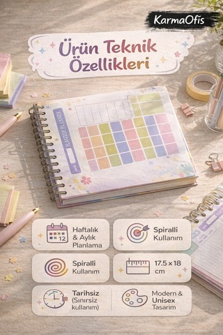 Renkli Spiralli Tarihsiz Planner Defter Haftalık Aylık Ajanda Ve Hedef Takip Planlayıcı 17.5x18 Cm Diğer