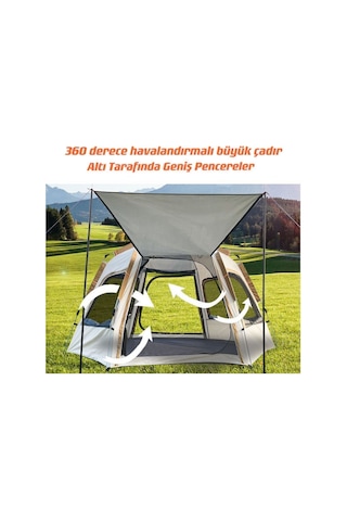 Tam Otomatik Su Ve Rüzgar Geçirmez Gölgelikli Altıgen Aile Çadırı 280x240x155 Cm Bej Bej