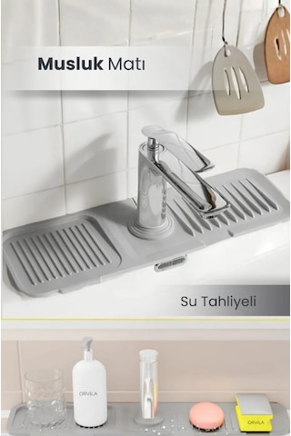 Elastik Musluk Matı Su Tutucu Düzenleyici Kaydırmaz Taban Organizer Mutfak Banyo Lavabo Gri