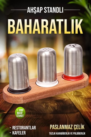 Ahşap Stantlı Baharatlık Ve Tuzluk Seti 3'lü Paslanmaz Çelik Kafe Restorant Diğer