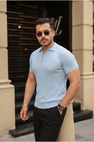 Efnaz Style Erkek Örgü Desen Fermuar Yakalı Triko Tişört Bebe Mavisi