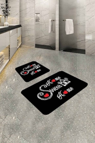 Siyah Home Sweet Banyo Halısı Klozet 2'li Paspas Seti Bs302n11