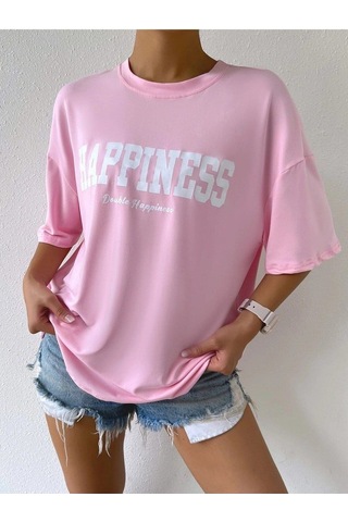 Flood Of Style Kadın Pembe Happıness Baskılı Oversize Tshirt