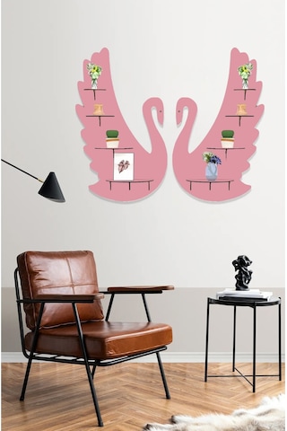 2'li Kuğu Ahşap Duvar Dekoru 8 Raflı Mobilya