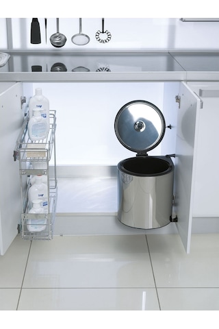 Banyo, Mutfak Dolabı İçi 11 Litre Metal Çöp Kovası – Krom, Tüm Dolaplara Uyumlu Tezgah Altı Çöp Kovası