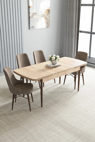 Zümra Serisi, Meşe Desen 80x132 Açılabilir Mdf Mutfak Masası Takımı 4 Adet Sandalye Cappucino