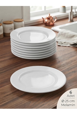 Biodata 6 Adet Polikarbon Beyaz Classic Düz Tabak Çizgi Pasta Yemek Servis Tabağı Ø 25 Cm Melamin