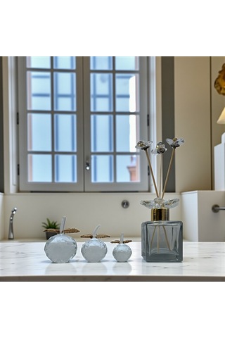 Dekoratif Kristal 7 Parça Set Üçlü Elma Ve Koku Şişesi Şeffaf Gold 01