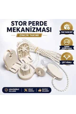2 Adet Stor Perde Mekanizması 32mm Geniş Kasa Çift Vidalı Takmatik Zincir Takımı Tam Set Zebra Perde Mekanizması Krem