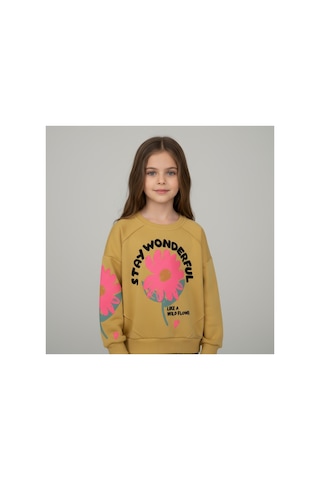 Fesshera Kids Kız Çocuk Sweatshirt Pamuklu Kışlık Kalın Baskılı Sweatshirt-uzun Kollu Rahat Kesim Bisiklet Yaka Sarı