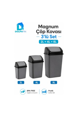 Magnum 3 Lü Sallanır Kapaklı Çöp Kovası Seti 2 L 4 L 8 L Banyo Mutfak Antrasit Siyah
