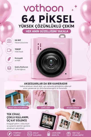Mini Dijital Kamera 64mp 16x Digital Zoom Retro Vintage 1.4 Ekranlı Video Kamera Taşınabilir Tasarım Pembe
