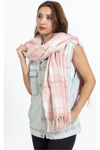 Ladycolor Ekoseli Yünlü Omuz Şalı - 70x200 Cm - Dayanıklı Akrilik Pembe