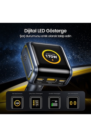 Aohi Superauto Araç İçi Şarjı, 3 Portlu Dijital Ekranlı , 170w Type-c Ve Usb-a Girişli, Usb, Hızlı Ş