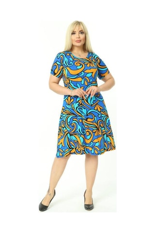 Melsay Butik Turkuaz Desen Kısa Kollu Büyük Beden Midi Elbise Turkuaz