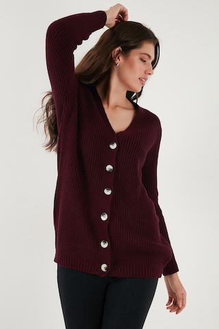 Lela Regular Fit V Yaka Düğmeli Triko Örme Uzun Bayan Hırka 4615044 Bordo