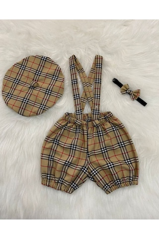 Eylülce Butik Bej Ekose Çocuk Askılı Şort Salopet & Ressam Şapkası & Papyon - Pasta Patlatma-doğum Günü