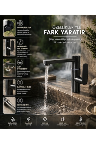 Lüx Premium Antrasit Silva 360 Döner Borulu Lavabo Bataryası Modern Tasarım