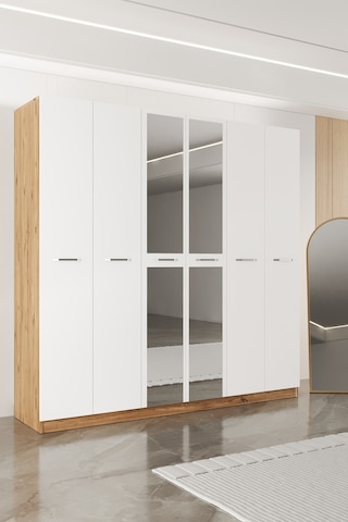Aeka Ae-2191 Hisar Aynalı 6 Kapaklı Çok Bölmeli Askılı Ve Raflı Geniş Hacimli Gardırop 210x210 Cm Atlantik Çam - Beyaz