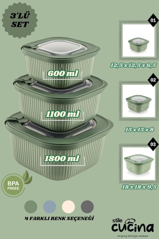 3lü Mikrodalga Ve Difriz Kullanımına Uygun Vakumlu Sızdırmaz Saklama Kabı Seti 600-1100-1800 Ml Yeşil
