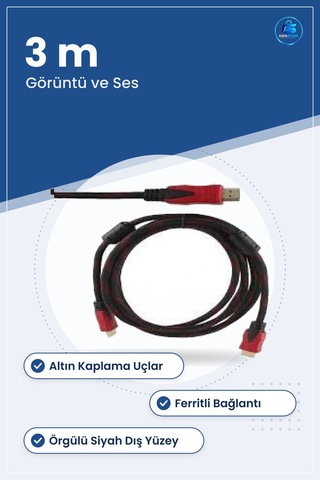 Hdmı Kablo 3 M Kırmızı Siyah Örgülü Görüntü Ve Ses Aktarım Kablos