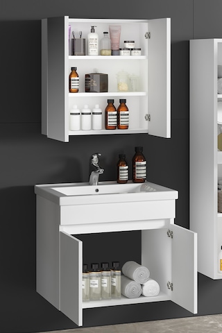 Çiğdem 55 Cm Beyaz Mdf Seramik Lavabolu Asma Banyo Dolabı Takımı Beyaz - Beyaz