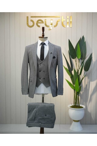 Beystil Sivri Yaka Koyu Gri Takım Elbise Elanor- Slim Fit Koyu Gri