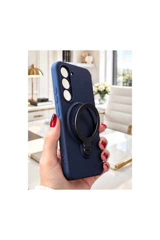 Tecno Spark 40 Pro İle Uyumlu 360 Derece Dönebilen Kalın Metal Magsafe Halka Stantlı İçi Kadife Korumalı Ultra Lüx Premium Silikon Kılıf Lacivert